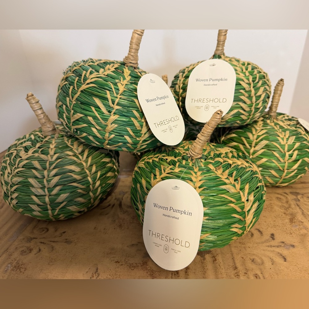 Set of 6 Threshold Handcrafted Green and Tan Woven Pumpkins